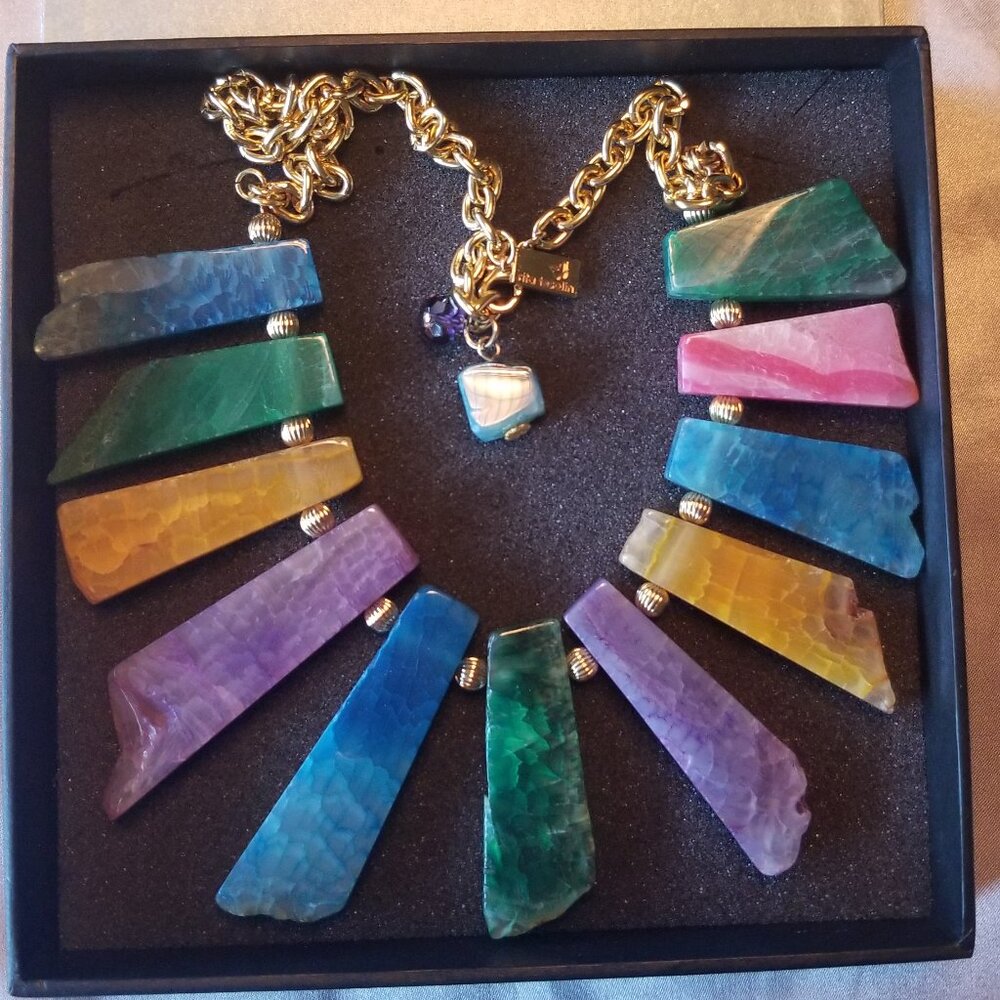 Rita Tesolin necklace with 11 heavy stones ranging from pink to blue to yellow t
